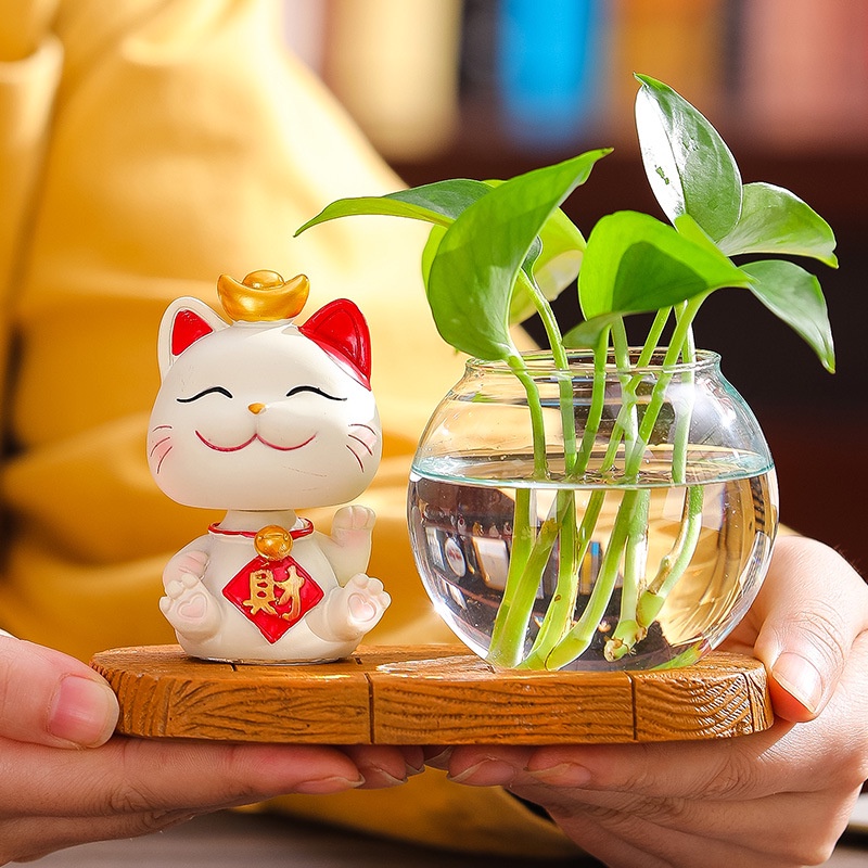 Bộ decor Mèo thần tài may mắn kết hợp cùng bình thủy sinh trang trí nhà, bàn làm việc góc học tập giúp mang lại may mắn