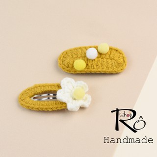 Set 2 kẹp tóc bông hoa nhỏ và pom pom cho nữ và bé gái 5cm |Cặp tóc len xinh xắn |Shop Rô Handmade