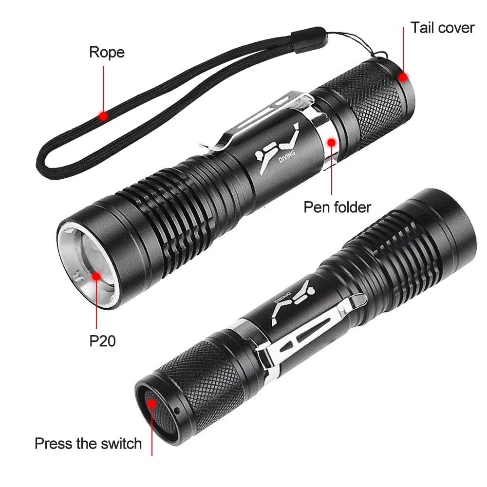 Đèn lặn mini Puteer D135 chống nước, sạc di động, có kẹp - Sử dụng ở độ sâu tới 50m
