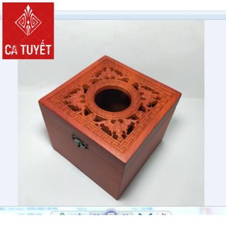 HỘP ĐỰNG GIẤY ĂN GỖ HƯƠNG KHỔ VUÔNG ELAI CHẠM ĐỤC CON RƠI - ẢNH THẬT