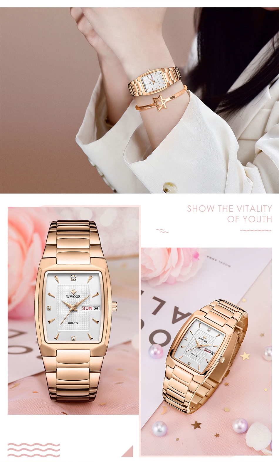 Mô tả Đồng Hồ Đeo Tay WWOOR Mặt Vuông Màu Vàng Đồng Thời Trang 2022 Dành Cho Nữ Relogio Feminino-8837 - 10