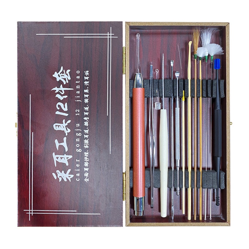 Dụng cụ lấy ráy tai, nhíp lấy ráy tay, bộ lấy ráy tai hộp gỗ tích hợp đèn[tặng 1cặp pin]