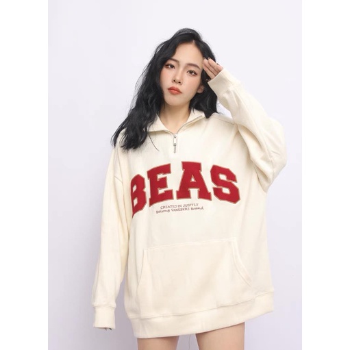 Áo Nỉ Polo Phối Khóa Cổ BEAS nam,Nữ  form rộng tay bồng màu trắng phối chữ đỏ vintage hàn quốc[FREESHIP] .
