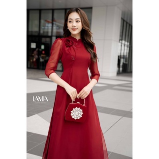Áo dài truyền thống Lamia phối hoa nổi AD069. Chụp ảnh siêu xinh và tôn dáng
