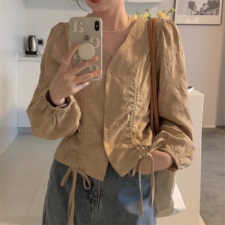 Áo Kiểu Tay Dài Cổ Chữ v Form Rộng Thời Trang retro Hàn Quốc