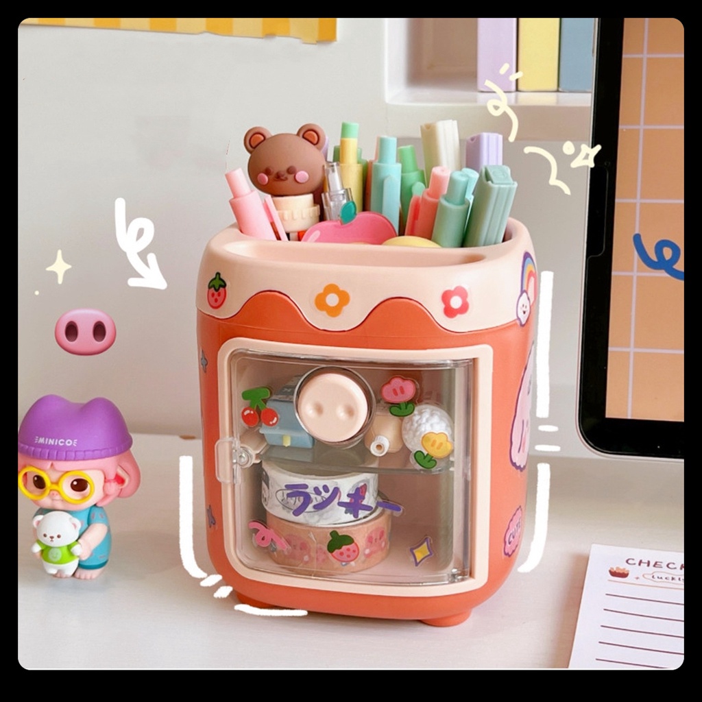 Hộp bút để bàn đựng đồ dùng học tập trang điểm MŨI HEO kèm Sticker ...