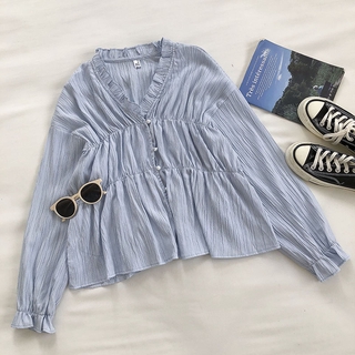 Áo Sơ Mi Nữ Tay Dài Phối Bèo Phong Cách vintage Hàn Quốc