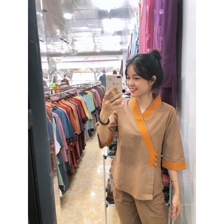 thời trang nữ đi chùa, áo lam , đồ nữ đơn giản trơn phối ba nút