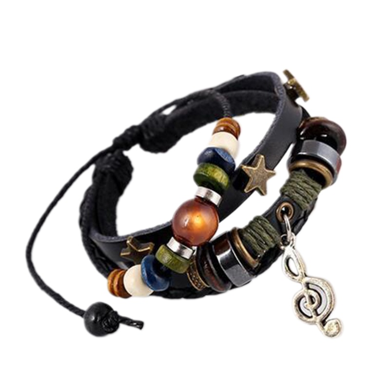 Cooo Vòng Tay Bện Dây Da Nâu Nhiều Lớp Gắn Hạt Gỗ Phong Cách Bohemian Lướt Sóng