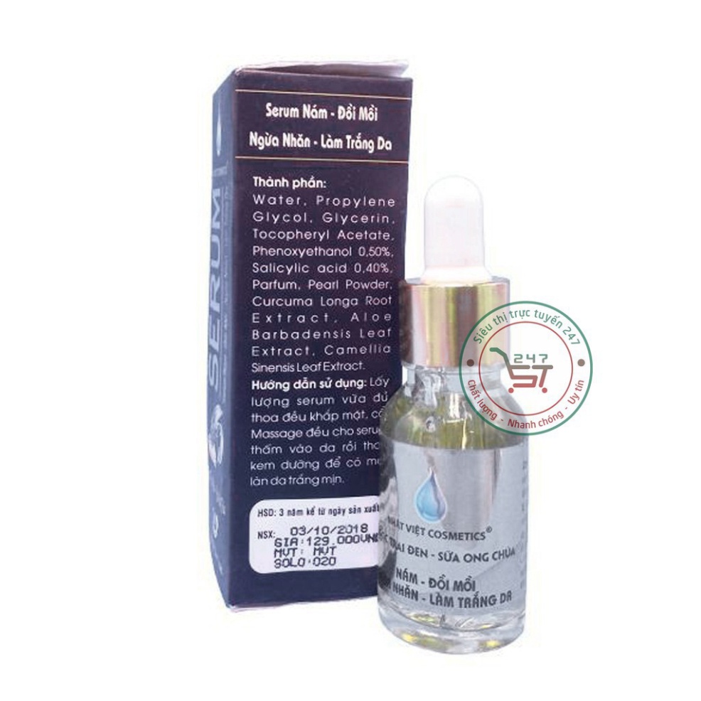 Serum Nám Tàn nhang Ngừa nhăn Đồi mồi Trắng da Ngọc Trai Đen Sữa ong chúa Nhật Việt 20ml (Đen)