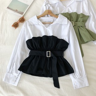 Phong cách hàn quốc nữ nữ dài tay eo áo sơ mi áo baju wanita lengan panjang + thắt lưng