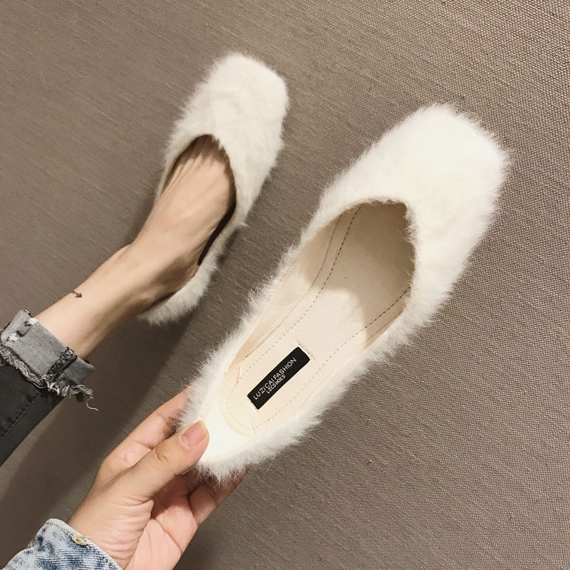 Size Lớn (31-45)✨Thời Trang Đế Bằng Nữ Phiên Bản Hàn Quốc Chồn Len Tất Cả Trận Đấu Đế Mềm Ngón Chân Vuông Giày Lông Nữ Giày Đơn Size Lớn 45 44 43 Công Nhân Văn Phòng Chị Em