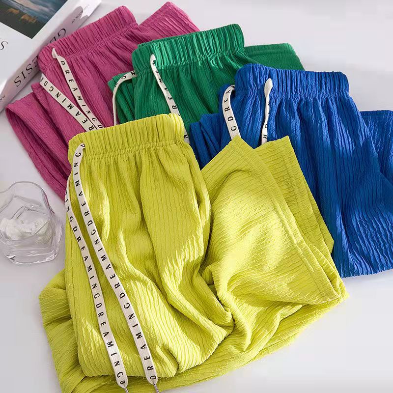 Milyfashion Phong Cách Mới Họa Tiết Nhăn Rộng Chữ Dây Rút Eo Cao Mỏng Hơn Nhìn Quần Thường Ngày
