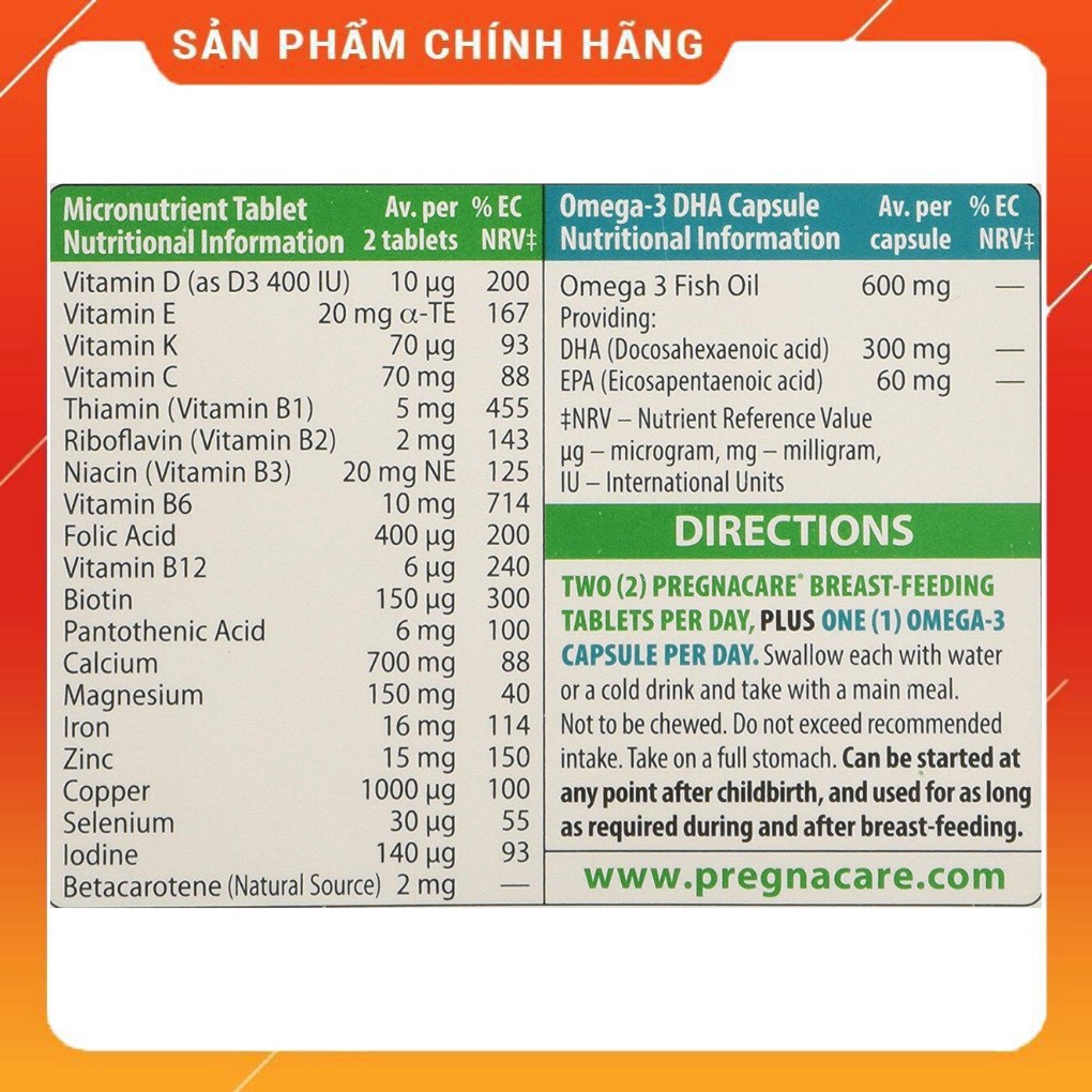 [Mẫu Mới Tem Phụ QR +Date 2028] Thực phẩm bảo vệ sức khỏe  PREGNACARE BREASTFEEDING