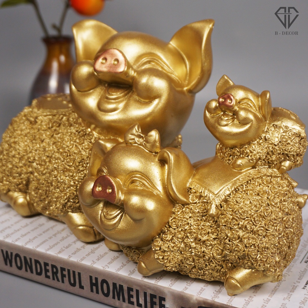 Tượng Gia đình Heo vui vẻ trang trí tủ kệ phòng khách phòng ngủ đẹp