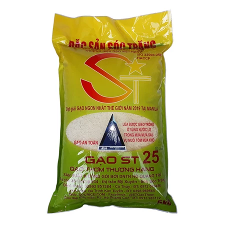 Gạo ST25 Lúa Tôm Túi 5Kg - Gạo Ông Cua - Đặc Sản Sóc Trăng, Cơm mềm dẻo, vị ngọt, thơm