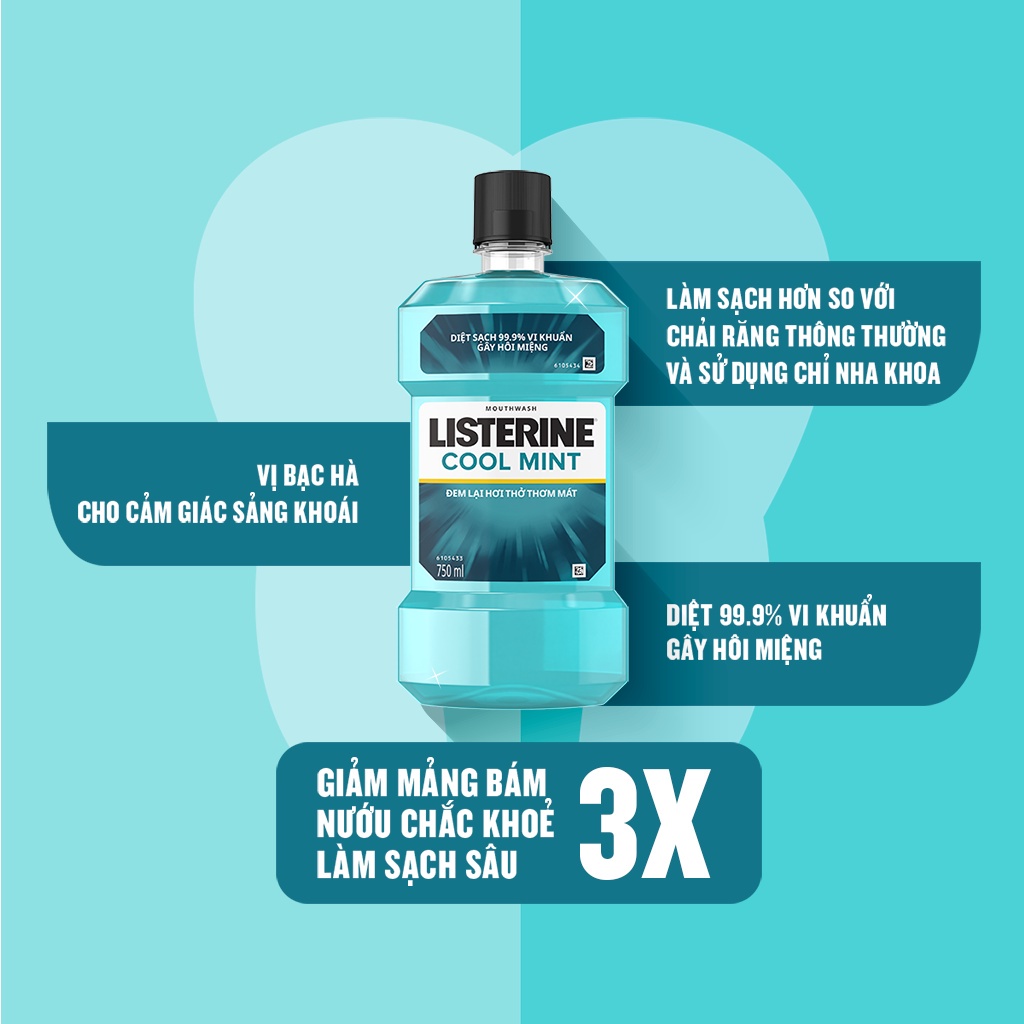 Ảnh Bộ 2 chai nước súc miệng Listerine Cool Mint diệt khuẩn giữ hơi thở thơm mát 750ml/chai 2