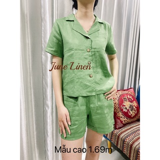 Set bộ áo danton, quần short lưng cao. LINEN TƯNG PREMIUM. Hình thật. June Linen #S88