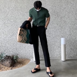 Hàn Quốc Hàn Quốc Ice Silk Chất Lượng Cao Áo Sơ Mi POLO Mùa Hè Phiên Bản Hàn Quốc Slim-fit Nam Ice Silk Tay Ngắn Áo Sơ Mi Polo Ánh Sáng Anh Sang Trọng Nam Sọc Dệt Kim Ve Áo Thun