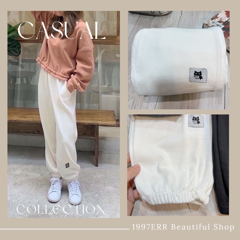 Quần Jogger Nữ Trơn Bo Gấu 2 Màu in logo Mèo Unisex Nam Nữ[Free ship]