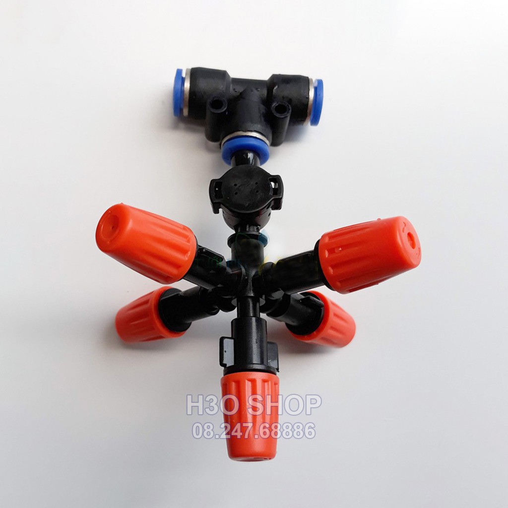 Béc Phun Sương 4 Hướng Cam Gắn Tê 8mm Kèm Van Chống Rỉ