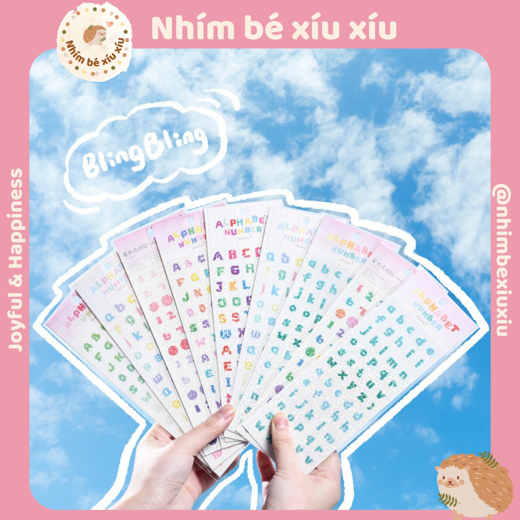 2 tấm sticker chữ cái/số đếm bling bling lấp lánh nhiều màu sắc trang ...