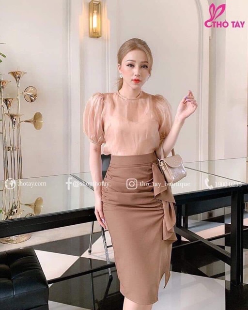Set áo tay ngắn + chân váy nhúng bèo