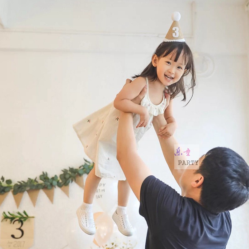 Mũ sinh nhật vải cói nâu 3D Hàn Quốc, mũ cói sinh nhật vintage dễ thương - Kemshop K12