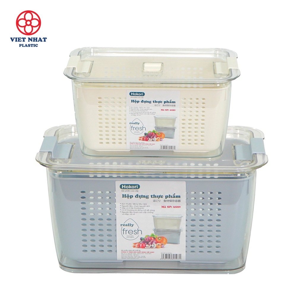 Hộp đựng thực phẩm 2 lớp Hokori, Hộp bảo quản thức ăn có lỗ thoát nước Việt Nhật  6588-6589