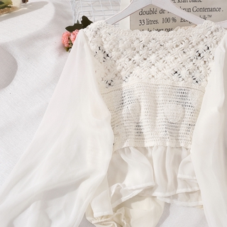 Áo Dệt Kim Nữ Tay Dài Phối Ren Phong Cách Hàn Quốc baju baju wanita Lenan panjang