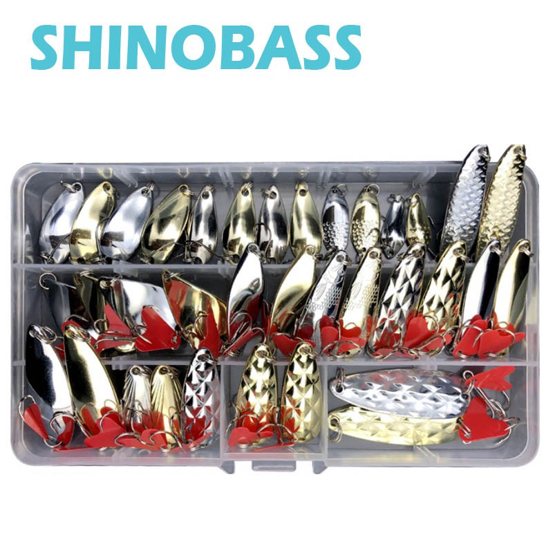 SHINOBASS 35 Cái / lô Muỗng Kim Loại Mồi Câu Cá 1.5g-12g Kích Thước Hỗn Hợp Treble Móc Mồi Cứng Bass Cá Hồi Mực Jig Phụ Kiện + Hộp