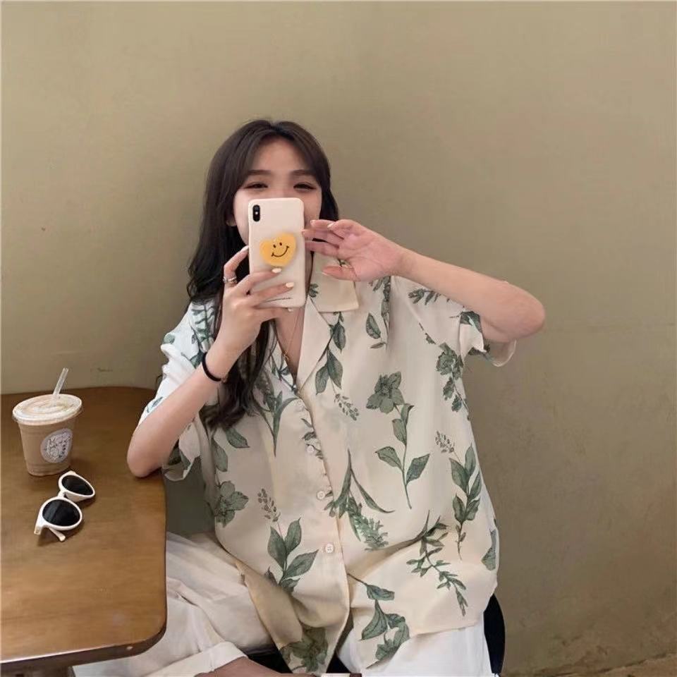 SUXI Áo sơ mi nữ tay ngắn dáng rộng in họa tiết thời trang cá tính trẻ trung kiểu Hàn Quốc