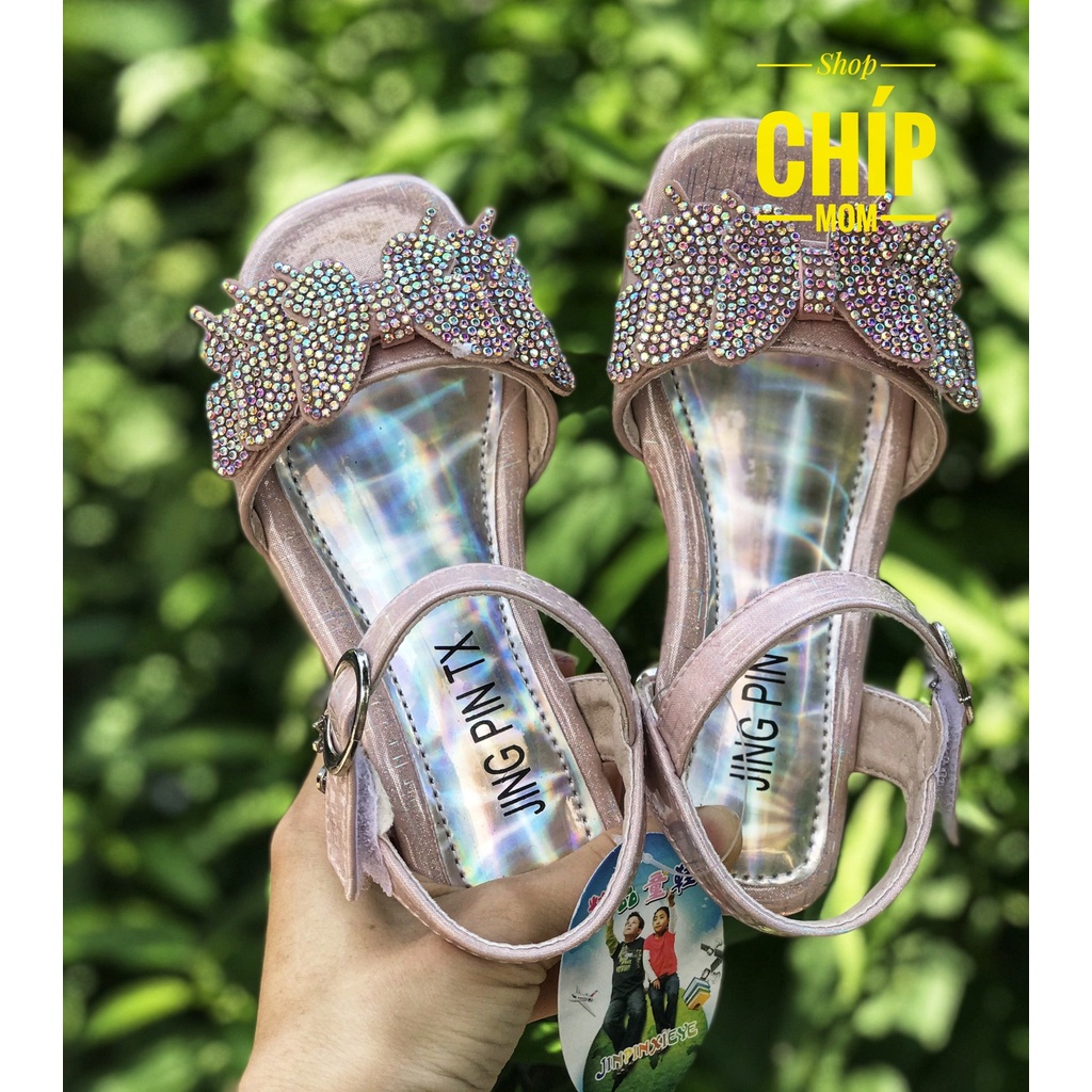 sandal bé gái dép quai hậu cho bé nơ đá sang chảnh cao gót đế dẻo da PU mềm không đau chân thời trang hè mẫu mới 8107