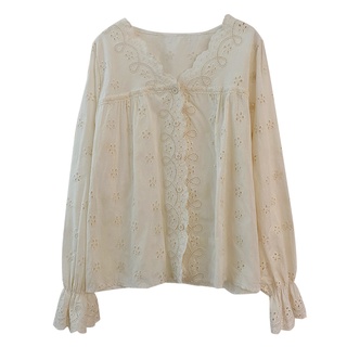 Áo Nữ Tay Dài Cổ Chữ V Phối Ren Phong Cách Hàn Quốc Baju Baju Wanita Lengan Panjang