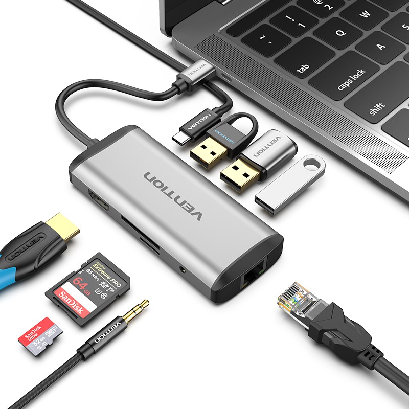 Đầu chuyển đổi Vention 9 trong 1 Type C Hub Usb C sang Hdmi RJ45 USB3.0 3.5mm PD Otg SD TF cho Huawei Matebook | Shopee Việt Nam