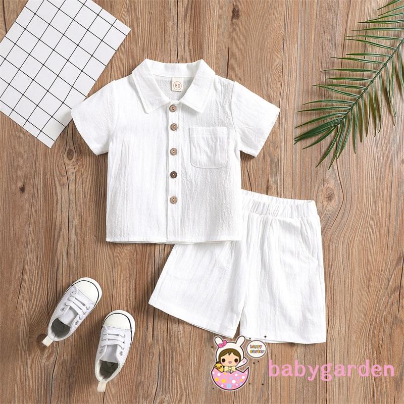 BABYGARDEN-6Months-4Years Trang phục bé trai, Mùa hè mùa thu màu trơn Ve áo ngắn tay một ngực + Quần Short