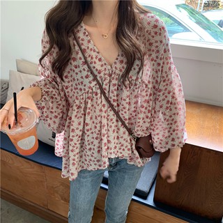Phong cách hàn quốc phụ nữ phụ nữ voan hoa áo sơ mi baju wanita lengan panjang