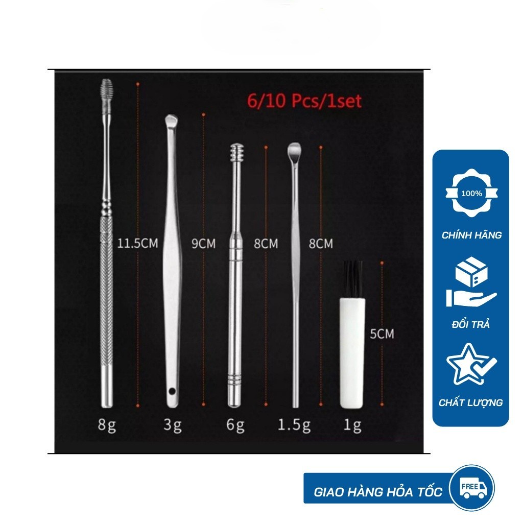Bộ Dụng Cụ Ngoáy Tai 6 Món [🔥Chính Hãng🔥] - Bộ Lấy Ráy Tai Thép Không Rỉ 6 Món-Bộ Mát Xa Tai - Làm Sạch Tai Hiệu Qủa