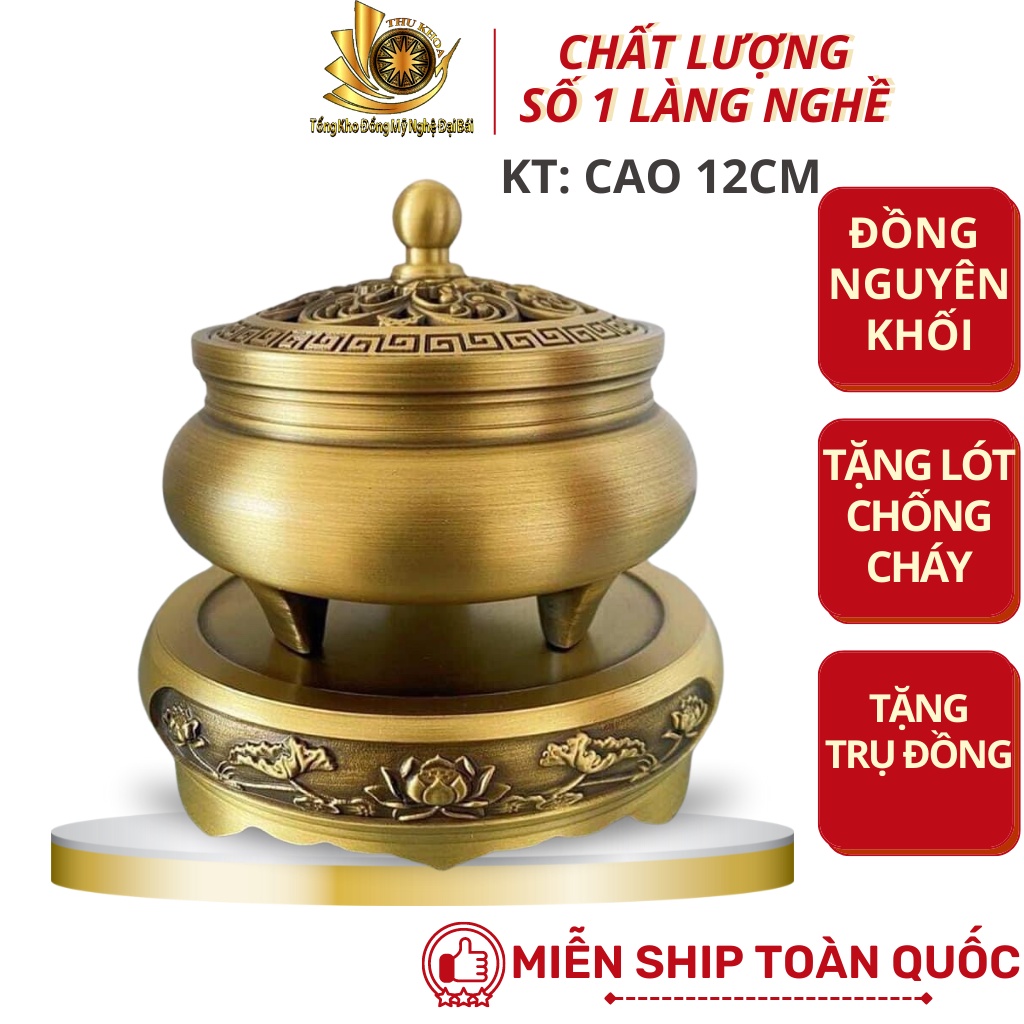 [LOẠI 1] Combo Lư Xông Trầm Bằng Đồng Kèm Đôn Đúc Nguyên Khối Cao 12cm Chạm Trổ Tinh Xảo Đồ Đồng Đại Bái