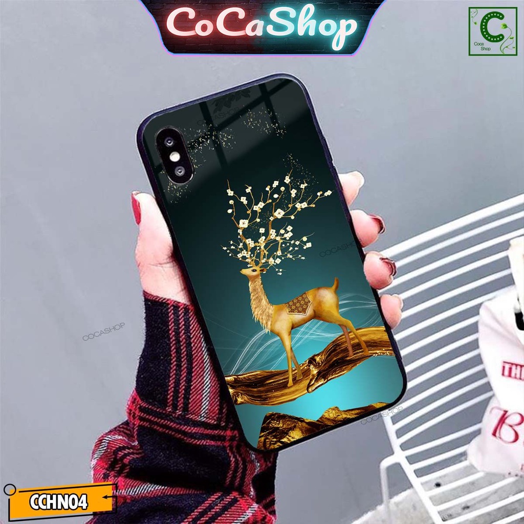 Ốp lưng iphone mặt kính cao cấp - Hươu vàng lộc lá cùng hoa - 6/6plus/6s/6splus/7/7plus/8/8plus/x/.....