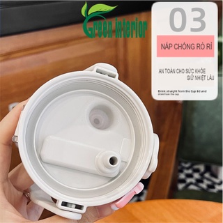 Bình giữ nhiệt Greeninterior dung tích 880ml, bình đựng nước cute có ống hút, inox 304 cao cấp kèm hình dán 3D Màu Trắng