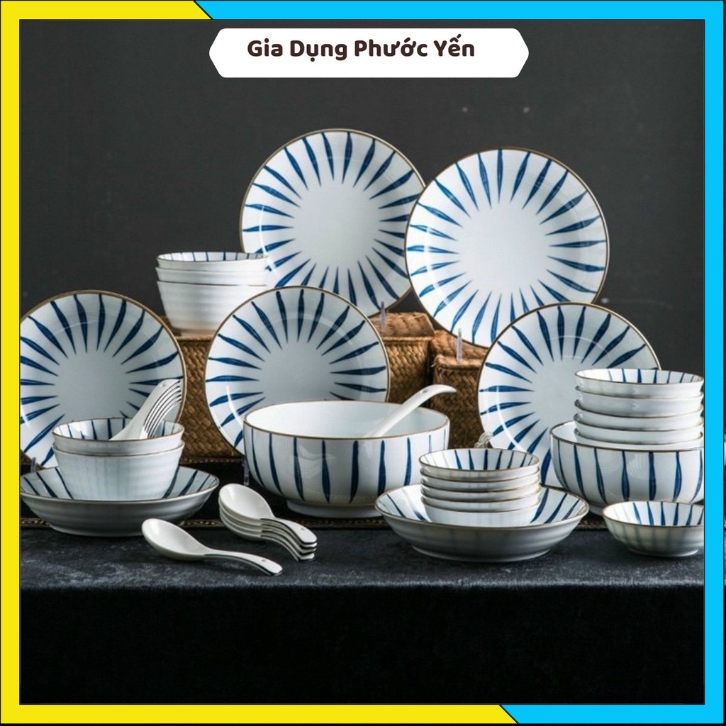 Bộ bát ăn cơm đĩa sứ họa tiết kẻ xanh Bát Tràng men trắng dày dặn , họa ...