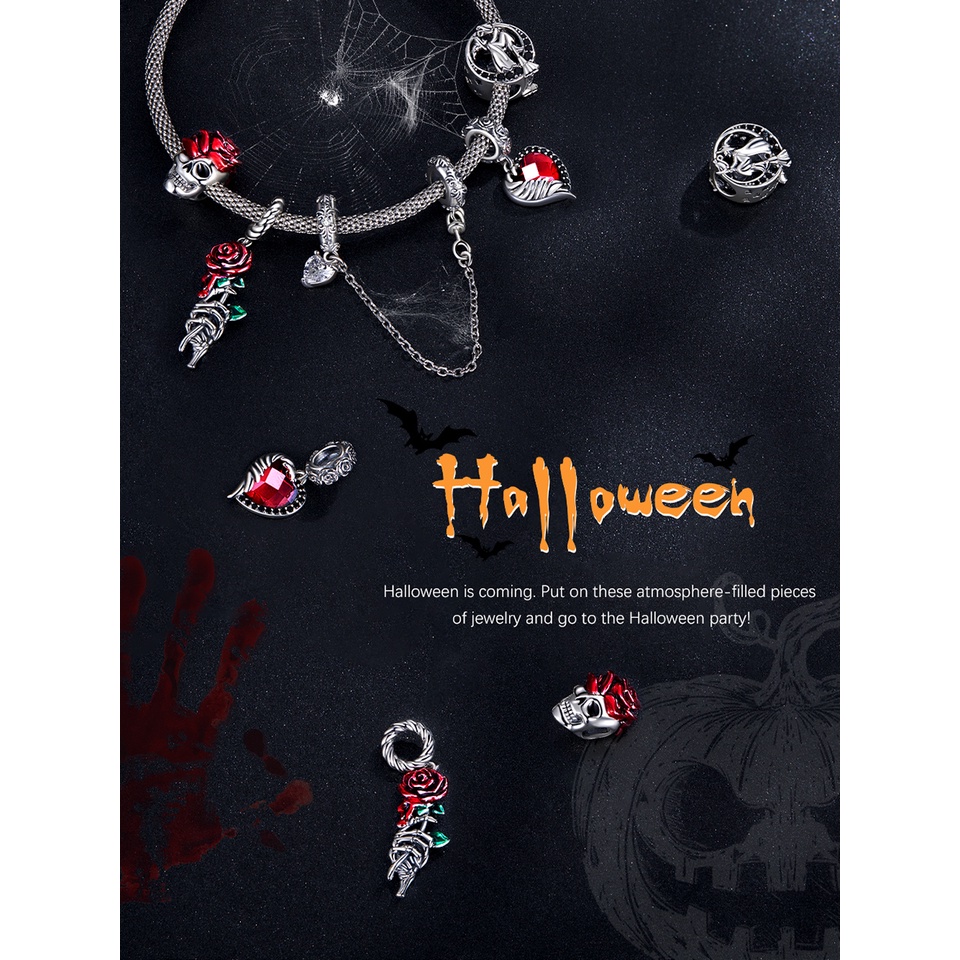 BAMOER Hạt Xâu Chuỗi bạc 925 Hình Đầu Lâu Máu Hồng Và Máu Trang Trí Halloween
