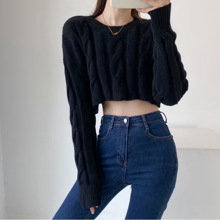 Áo Len Lửng Tay Dài Cổ Tròn Màu Sắc Đơn Giản Dành Cho Nữ