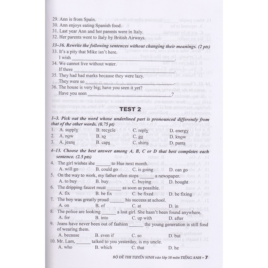 Ảnh Sách - Bộ đề thi tuyển sinh vào lớp 10 môn Tiếng Anh. 2