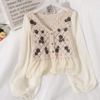 Áo Dệt Kim Nữ Tay Dài Phối Ren Phong Cách Hàn Quốc baju baju wanita Lenan panjang