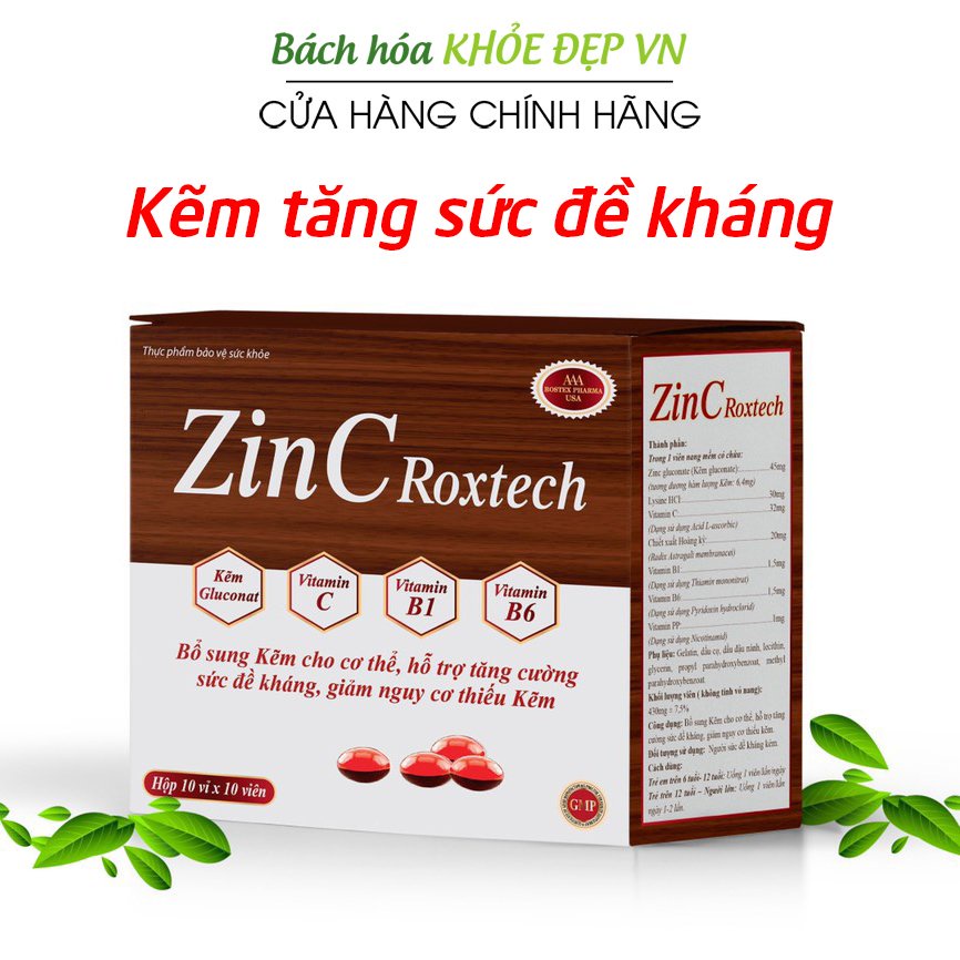 Viên kẽm ZinC Roxtech bổ sung zinc gluconate, vitamin C, B, PP tăng ...