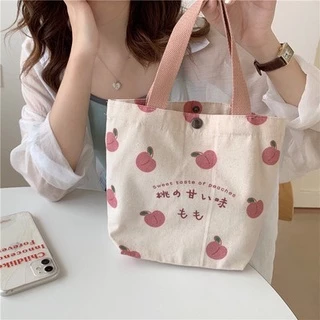 Túi vải màu đào dành cho nữ Túi tote Hàn Quốc in hình quả đào dễ thương