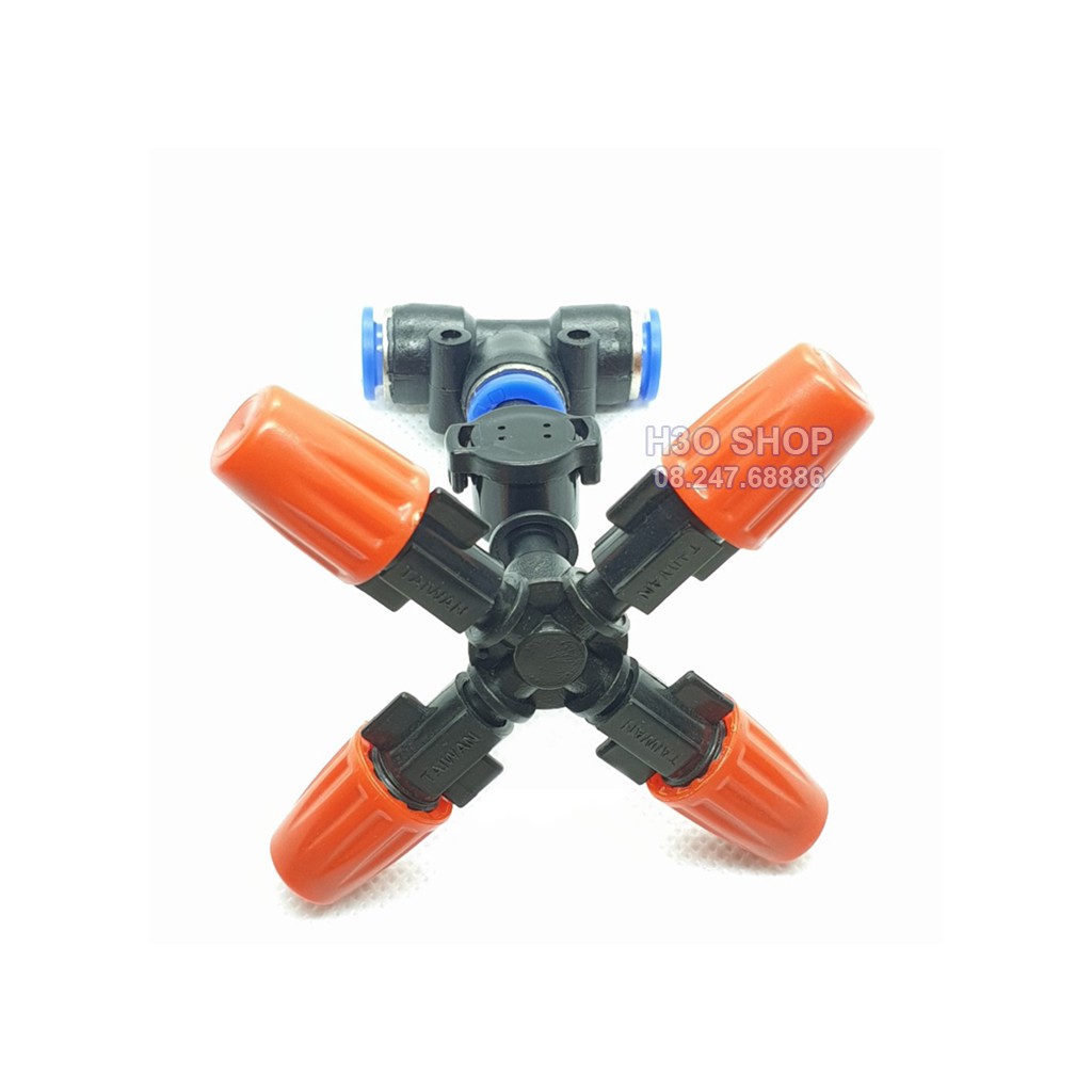 Béc Phun Sương 4 Hướng Cam Gắn Tê 8mm Kèm Van Chống Rỉ