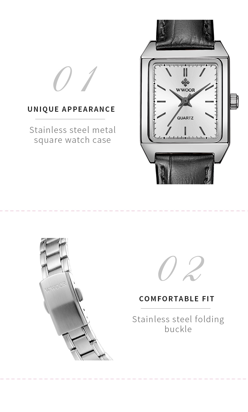 Mô tả Đồng Hồ Quartz WWOOR Mặt Chữ Nhật Dây Da Màu Đen reloj mujer-8850 - 2